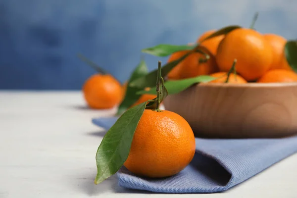 Fresh Ripe Tangerines Table Space Text — Stock Photo, Image