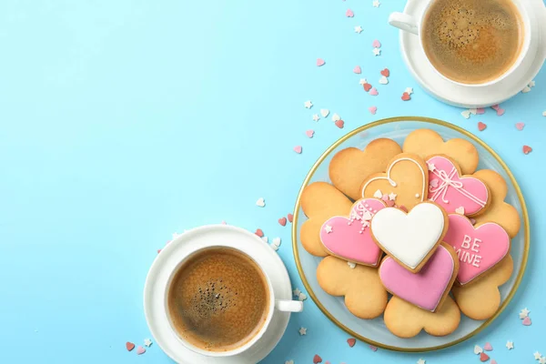 Romantic Breakfast Heart Shaped Cookies Cups Coffee Color Background Flat — Stock Photo, Image