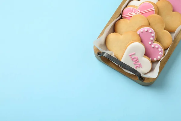 Tray Decorated Heart Shaped Cookies Space Text Color Background Top — Stock Photo, Image