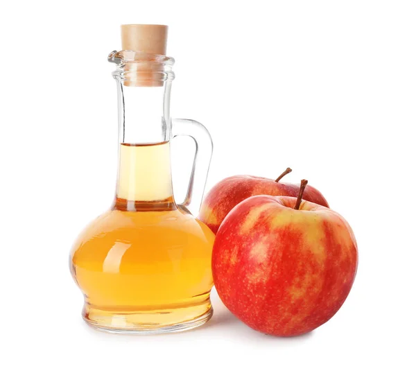 Glass Jug Vinegar Fresh Apples White Background — Stock Photo, Image
