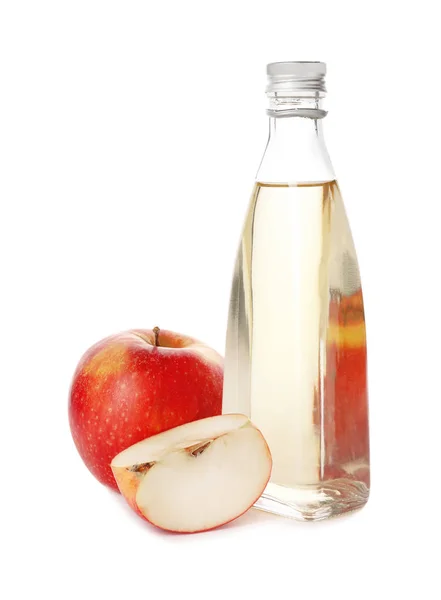 Botella Vidrio Vinagre Manzanas Frescas Sobre Fondo Blanco — Foto de Stock