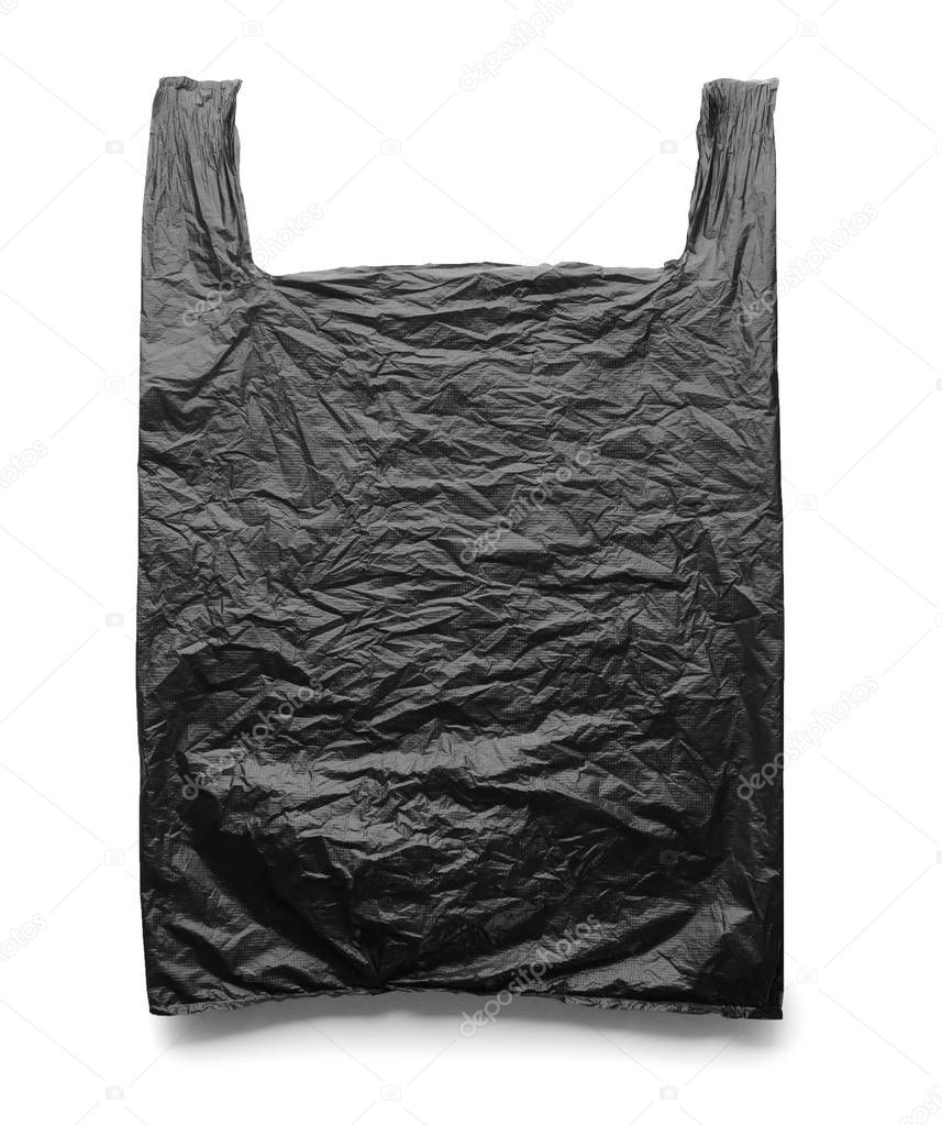 Black disposable plastic bag on white background