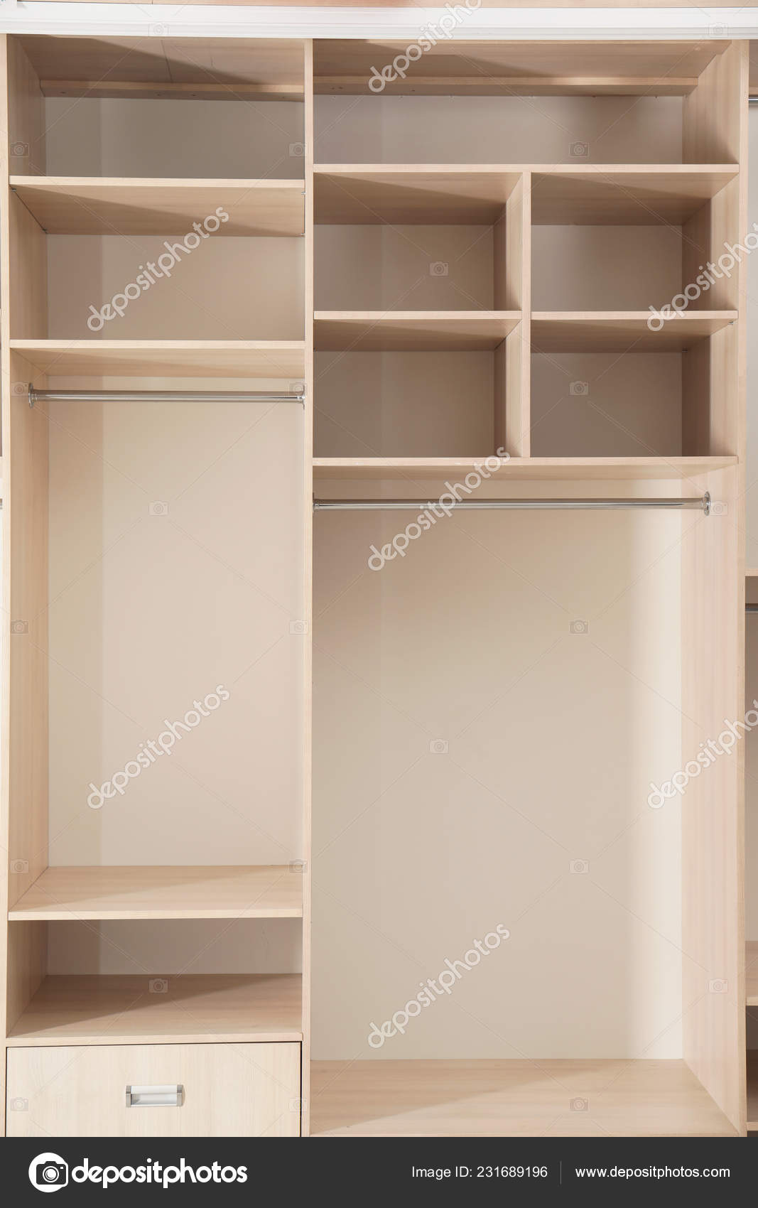 Empty Wooden Wardrobe Shelves Background Stock Photo
