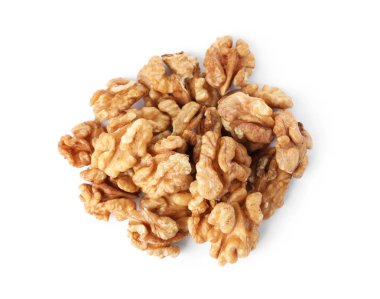 Beyaz arka planda, üstten görünüm lezzetli ceviz yığını