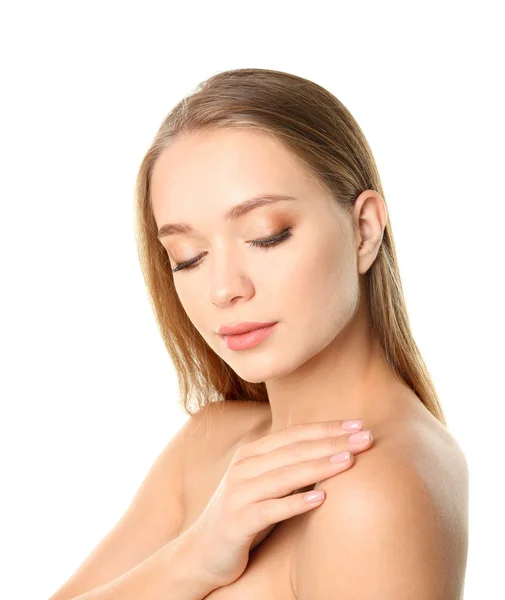 Retrato Una Hermosa Joven Con Maquillaje Natural Sobre Fondo Blanco —  Fotos de Stock