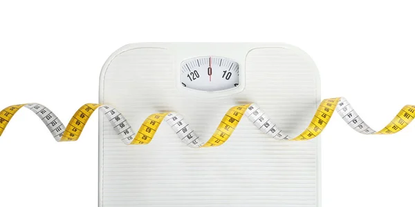Измерение Ленты Весов Белом Фоне Вид Сверху Концепция Потери Веса — стоковое фото