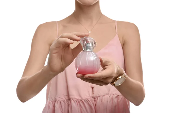 Mujer Joven Con Frasco Perfume Sobre Fondo Blanco Primer Plano — Foto de Stock