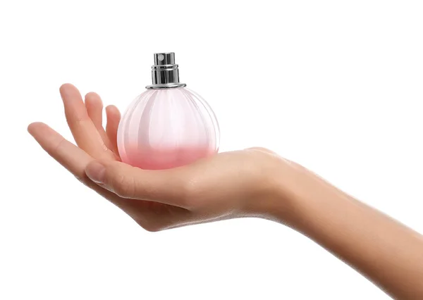 Mujer Joven Con Frasco Perfume Sobre Fondo Blanco Primer Plano — Foto de Stock