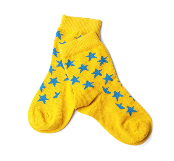 Paar Niedliche Kindersocken Auf Weißem Hintergrund Ansicht Von Oben — Stockfoto