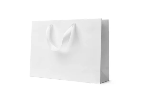 Saco Compras Papel Com Alças Fita Fundo Branco Mockup Para — Fotografia de Stock