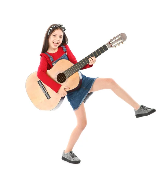 Niña Emocional Tocando Guitarra Aislada Blanco —  Fotos de Stock