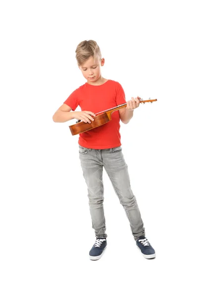 Netter Kleiner Junge Spielt Gitarre Isoliert Auf Weißem Papier — Stockfoto