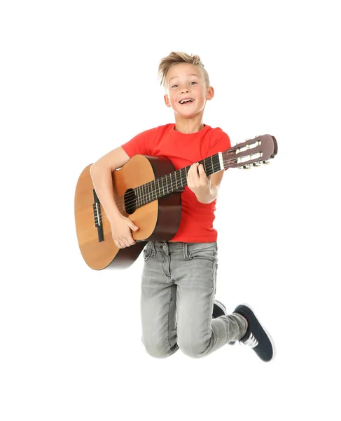 Emocional Menino Tocando Guitarra Isolada Branco — Fotografia de Stock