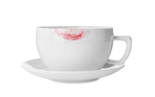 Tazza Ceramica Con Segno Rossetto Sfondo Bianco — Foto Stock