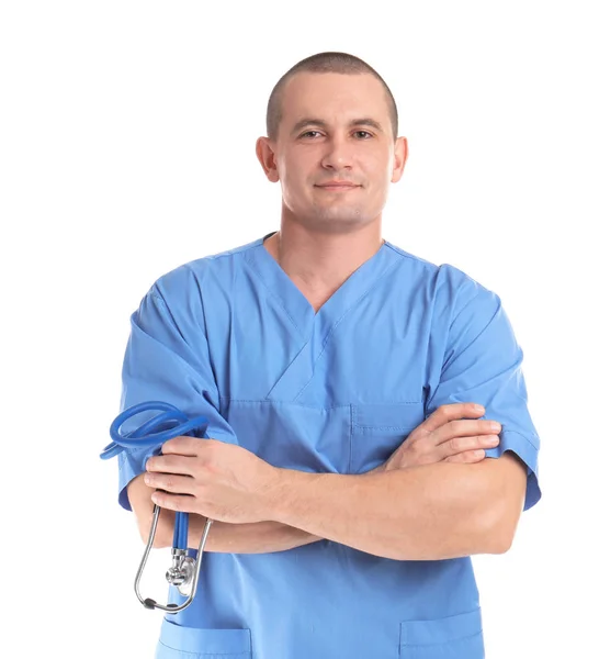 Retrato Assistente Médico Com Estetoscópio Sobre Fundo Branco — Fotografia de Stock