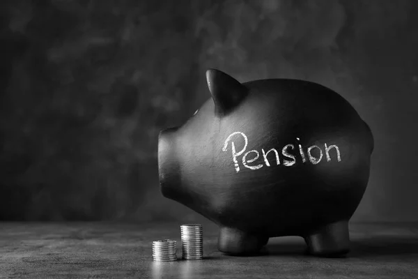 Piggy Bank Word Pension Coins Table Space Text — Stock Photo, Image