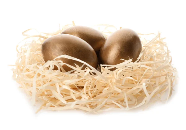 Nest Met Gouden Eieren Witte Achtergrond Pensioen Concept — Stockfoto