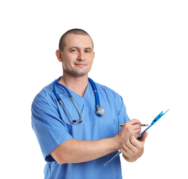 Portret Van Medisch Assistent Met Stethoscoop Klembord Witte Achtergrond — Stockfoto