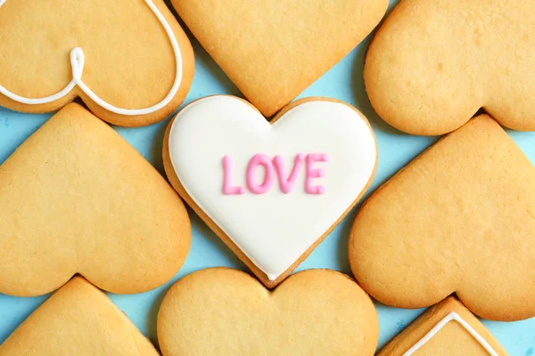 Διακόσμηση Καρδιά Σχήμα Cookies Έγχρωμο Φόντο Top View Ημέρα Του — Φωτογραφία Αρχείου