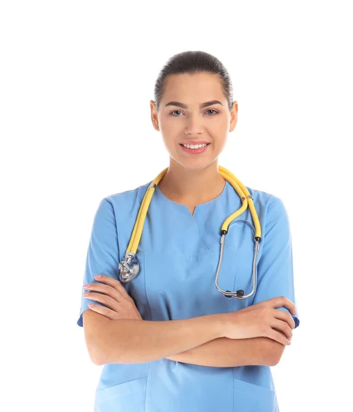 Portrait Jeune Assistant Médical Avec Stéthoscope Sur Fond Blanc — Photo