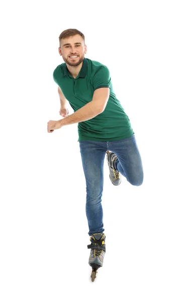 Jonge Man Met Inline Rolschaatsen Witte Achtergrond — Stockfoto
