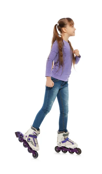 Menina Com Patins Linha Fundo Branco — Fotografia de Stock