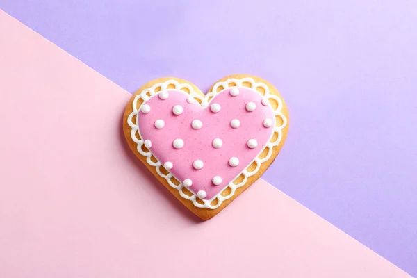 Decorated Heart Shaped Cookie Color Background Top View — Stock Photo, Image