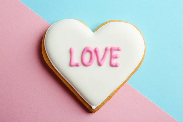 Decorated Heart Shaped Cookie Word Love Color Background Top View — Stock Photo, Image