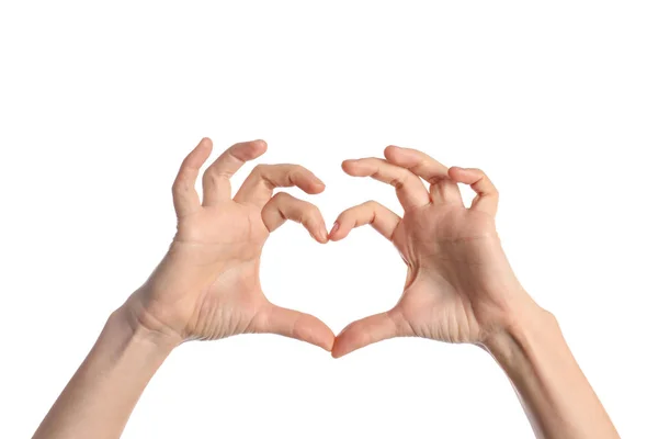 Mulher Fazendo Coração Com Mãos Fundo Branco Close — Fotografia de Stock