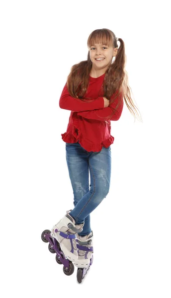 Menina Com Patins Linha Fundo Branco — Fotografia de Stock