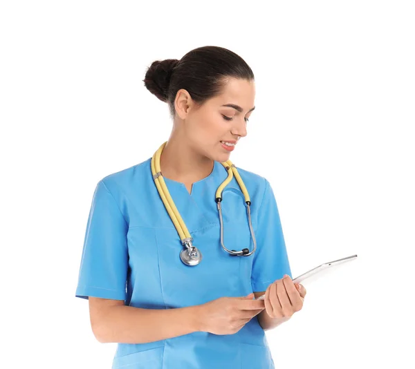 Portrait Young Medical Assistant Stethoscope Tablet White Background — Stock Photo, Image