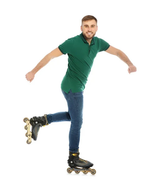 Junger Mann Mit Inline Rollschuhen Auf Weißem Hintergrund — Stockfoto