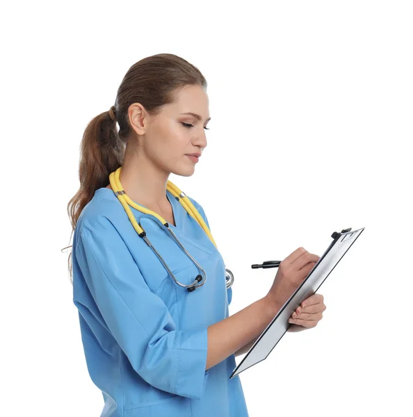 Portrait Jeune Assistant Médical Avec Stéthoscope Presse Papiers Sur Fond — Photo