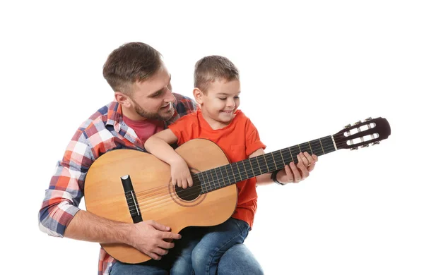 Father Teaching His Little Son Play Guitar White Background — Stock Photo, Image