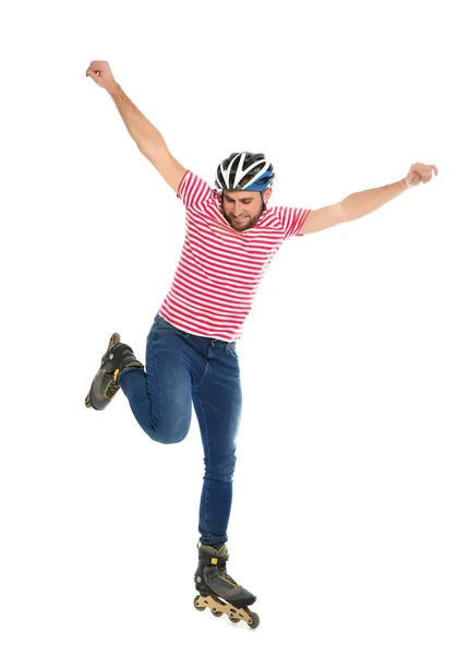 Jonge Man Met Inline Rolschaatsen Witte Achtergrond — Stockfoto