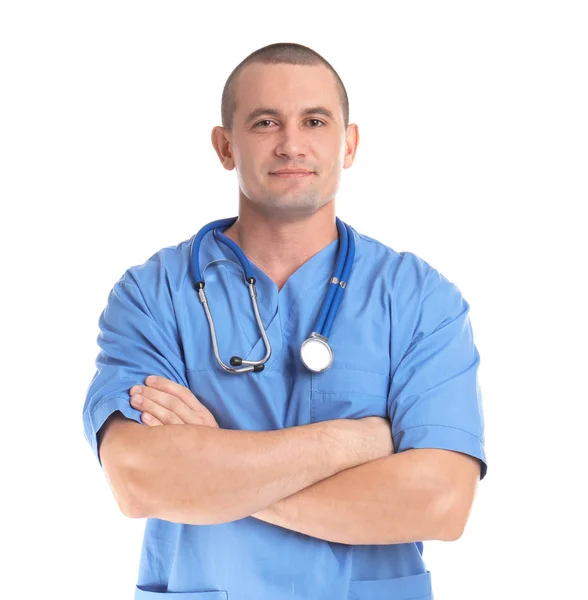 Retrato Assistente Médico Com Estetoscópio Sobre Fundo Branco — Fotografia de Stock