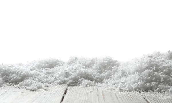 Superfície Madeira Coberta Com Neve Contra Fundo Branco — Fotografia de Stock