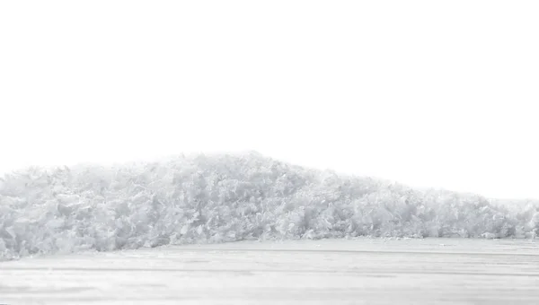 Houten Oppervlak Bedekt Met Sneeuw Tegen Witte Achtergrond — Stockfoto