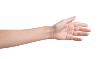 El sallamak beyaz arka planda, closeup için ulaşan kadın