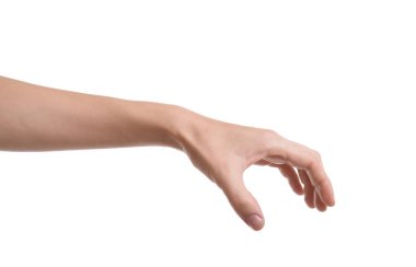Bir şey beyaz arka planda, closeup elinde tutan kadın
