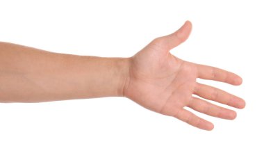 El sallamak beyaz arka planda, closeup için ulaşan adam