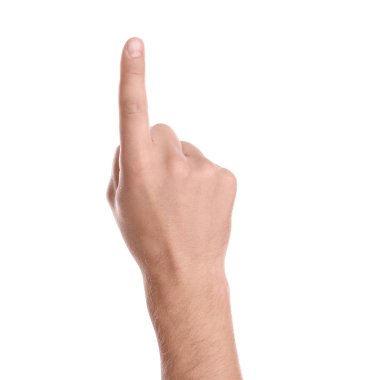 Beyaz arkaplandaki bir şeyi işaret eden adam, ele yakın.