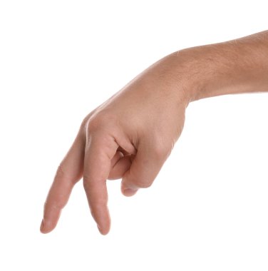 Beyaz arkaplanda elini gösteren adam, yakın plan