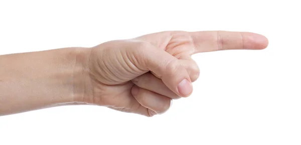 Mujer Señalando Algo Sobre Fondo Blanco Primer Plano Mano — Foto de Stock