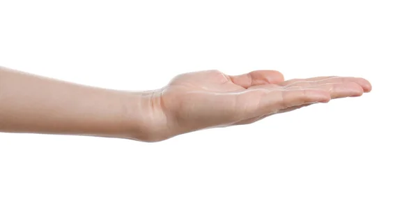 Kobieta Trzyma Coś Rękę Białym Tle Zbliżenie — Zdjęcie stockowe