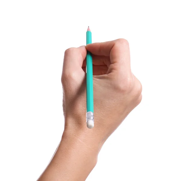 Mulher Desenhando Algo Com Lápis Sobre Fundo Branco Close Mão — Fotografia de Stock