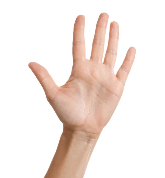 Woman Showing Hand White Background Closeup — Stock Photo, Image