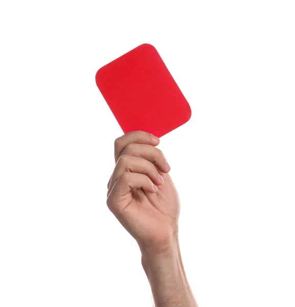 Homem Segurando Cartão Vermelho Fundo Branco Close Mão — Fotografia de Stock