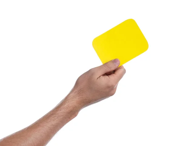 Homem Segurando Cartão Amarelo Fundo Branco Close Mão — Fotografia de Stock