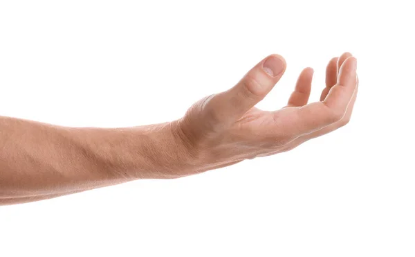 Mann Hält Etwas Der Hand Auf Weißem Hintergrund Nahaufnahme — Stockfoto